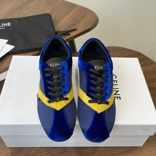 Celine 26 Flat Sneaker Dark Blue Yellow Canvas Suede 624713