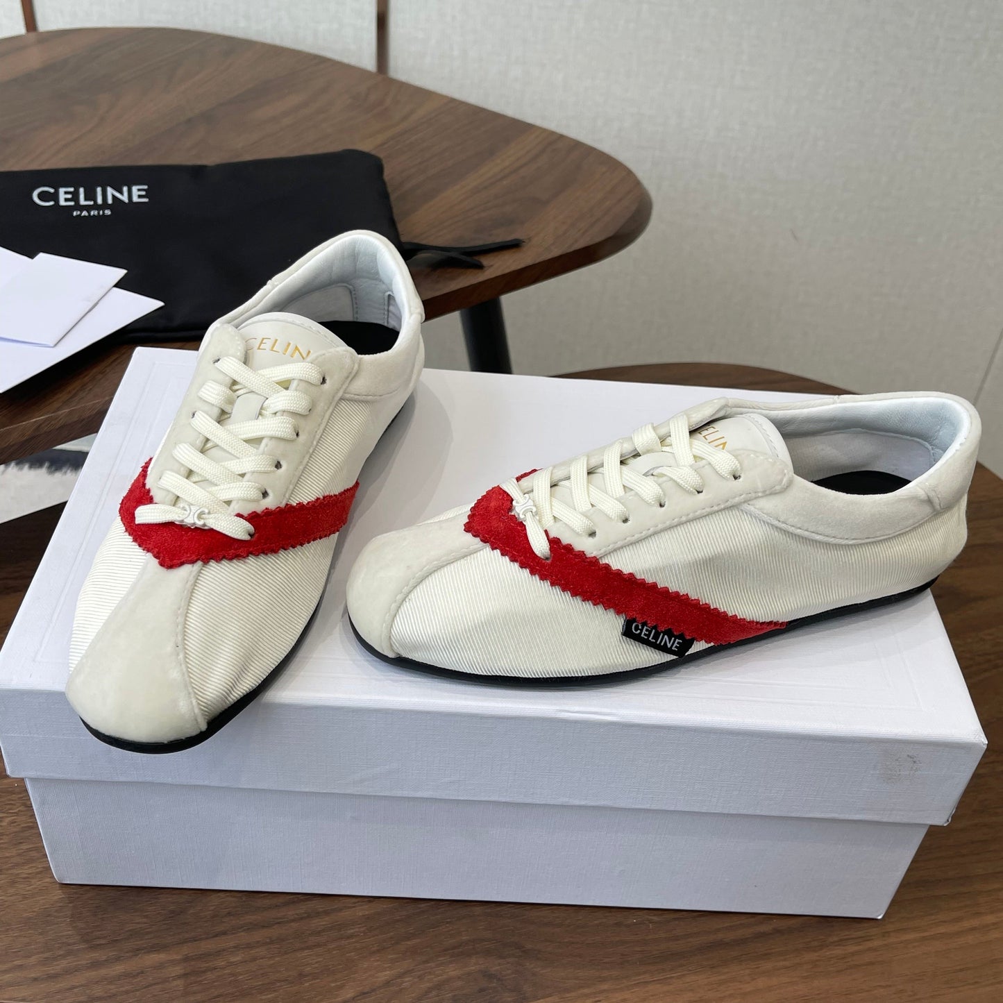 Celine 26 Flat Sneaker White Red Canvas Suede 624716