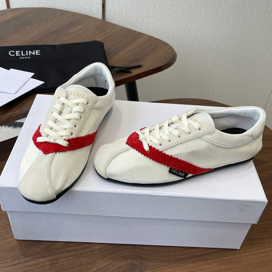 Celine 26 Flat Sneaker White Red Canvas Suede 624716