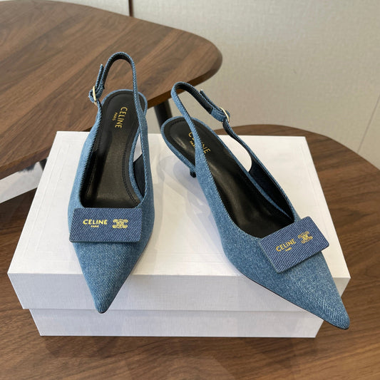 Celine 26 Pointed-Toe Slingback Blue Denim 624685