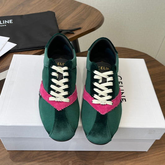 Celine 26 Flat Sneaker Dark Green Pink Canvas Suede 624715