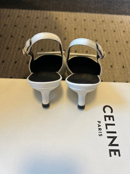 Celine 26 Pointed-Toe Slingback White Sheepskin 619636