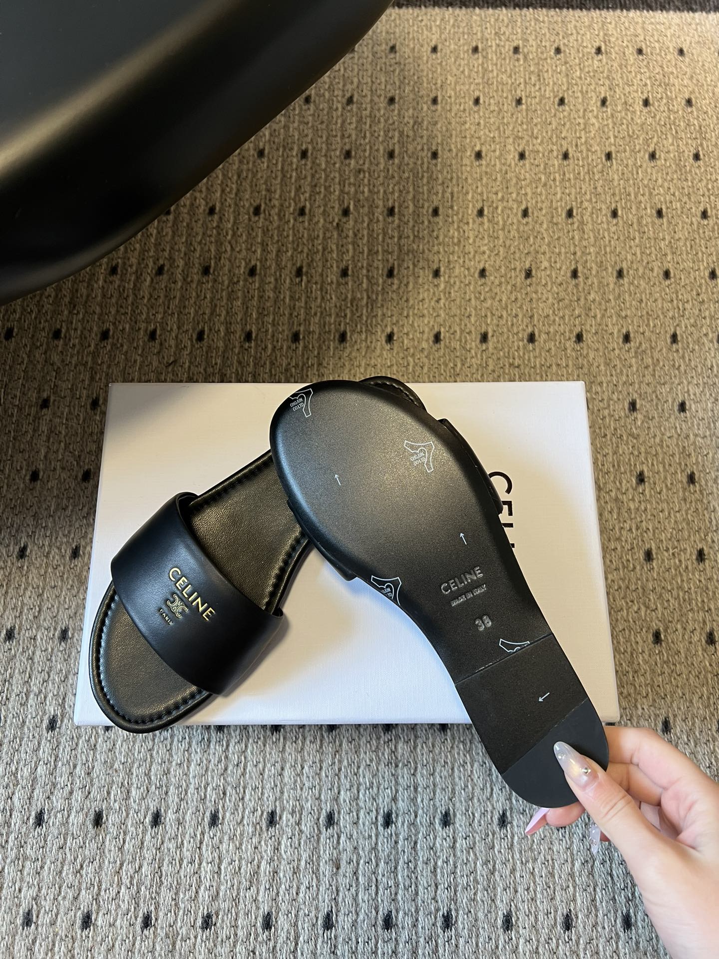 Celine 26 Flat Mule Slippers Black Sheepskin 621528