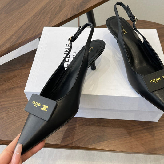 Celine 26 Pointed-Toe Slingback Black Sheepskin 624686